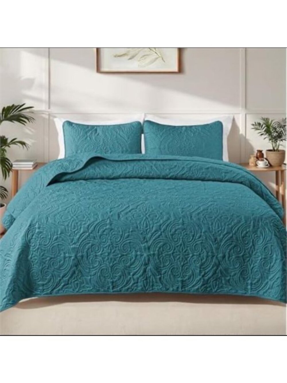 Quilted Teal 3-Piece Bedding Set - King Size - Includes Quilt & 2 Pillow Shams -